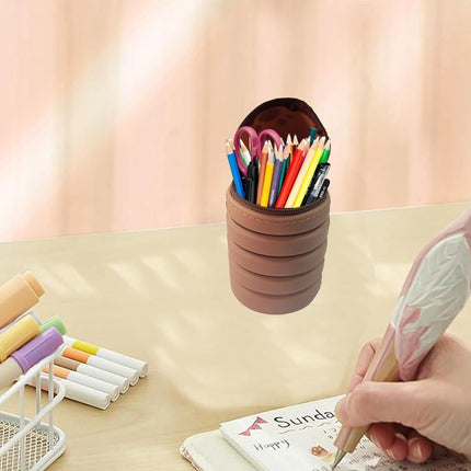 2-in-1 telescopic pencil case in soft silicone, cute kitten-shaped pencil case, ideal for storing stationery, brown, for girls and boys.