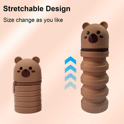 2-in-1 telescopic pencil case in soft silicone, cute kitten-shaped pencil case, ideal for storing stationery, brown, for girls and boys.
