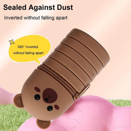 2-in-1 telescopic pencil case in soft silicone, cute kitten-shaped pencil case, ideal for storing stationery, brown, for girls and boys.