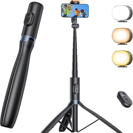 Mobile phone tripod with light, selfie stick tripod compatible with smartphone and GoPro cameras.