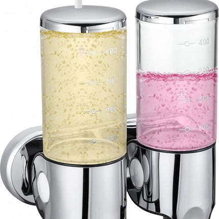 Soap dispenser - silver - 2 reservoirs - 2 x 500ml - wall-mounted - soap pump - soap holder - bathroom and sink - shampoo dispenser.
