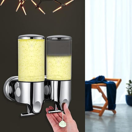 Soap dispenser - silver - 2 reservoirs - 2 x 500ml - wall-mounted - soap pump - soap holder - bathroom and sink - shampoo dispenser.