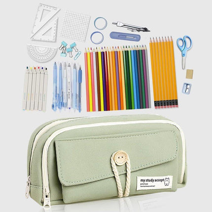 Expandable pencil case with 3 large compartments for girls, boys and students (light green), green, [light green, canvas].