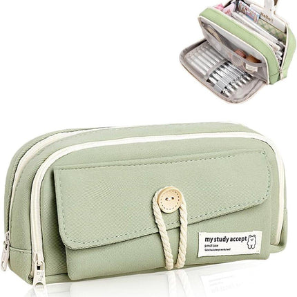 Expandable pencil case with 3 large compartments for girls, boys and students (light green), green, [light green, canvas].