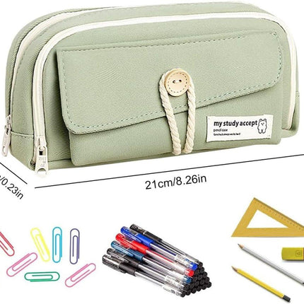 Expandable pencil case with 3 large compartments for girls, boys and students (light green), green, [light green, canvas].