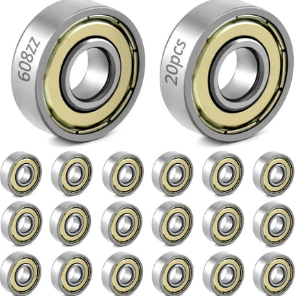 20 608zz ball bearings - Miniature deep groove ball bearings, double metal shielding - For skateboards, scooters, inline skates, 8 mm x 22 mm x 7 mm.