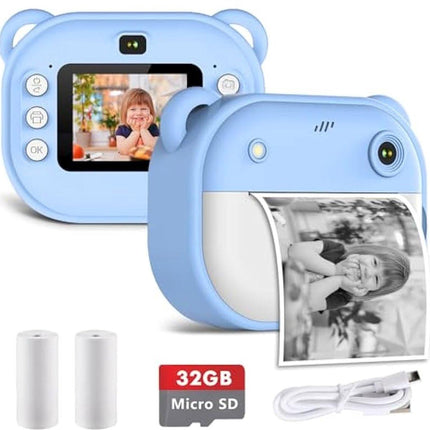 Instant Camera, 1080p HD Digital Camera, Suitable for Boys and Girls, Includes a GB Memory Card and Printer Paper - Blue.