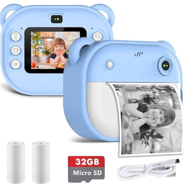 Instant Camera, 1080p HD Digital Camera, Suitable for Boys and Girls, Includes a GB Memory Card and Printer Paper - Blue.