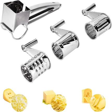 Cheese Grater - Stainless Steel Drum Grater - Hard Cheese Grinder - Efficient and Durable - Dishwasher Safe - Includes 3 Cutting Blades - Suitable for Chocolate and Nuts - Silver - 1 Piece.