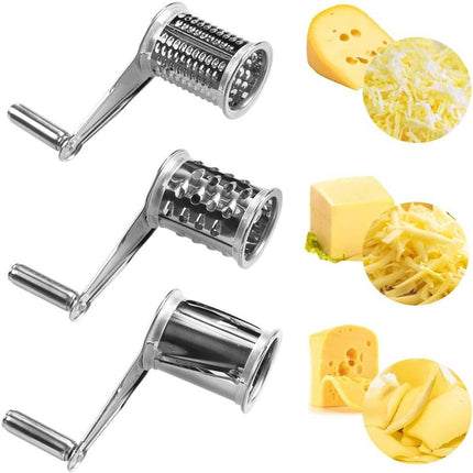 Cheese Grater - Stainless Steel Drum Grater - Hard Cheese Grinder - Efficient and Durable - Dishwasher Safe - Includes 3 Cutting Blades - Suitable for Chocolate and Nuts - Silver - 1 Piece.