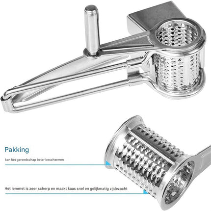 Cheese Grater - Stainless Steel Drum Grater - Hard Cheese Grinder - Efficient and Durable - Dishwasher Safe - Includes 3 Cutting Blades - Suitable for Chocolate and Nuts - Silver - 1 Piece.