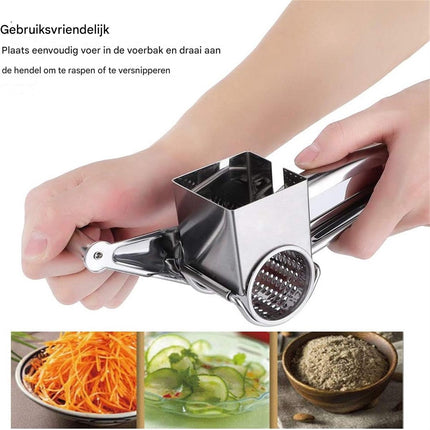 Cheese Grater - Stainless Steel Drum Grater - Hard Cheese Grinder - Efficient and Durable - Dishwasher Safe - Includes 3 Cutting Blades - Suitable for Chocolate and Nuts - Silver - 1 Piece.