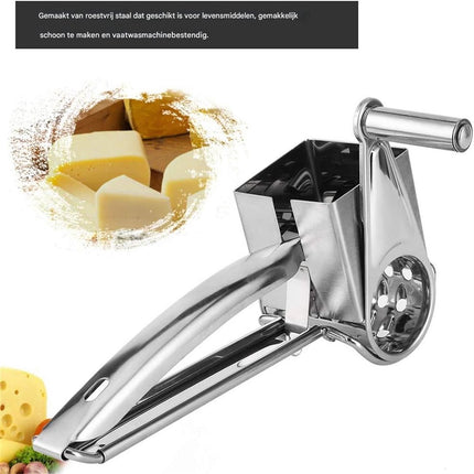 Cheese Grater - Stainless Steel Drum Grater - Hard Cheese Grinder - Efficient and Durable - Dishwasher Safe - Includes 3 Cutting Blades - Suitable for Chocolate and Nuts - Silver - 1 Piece.