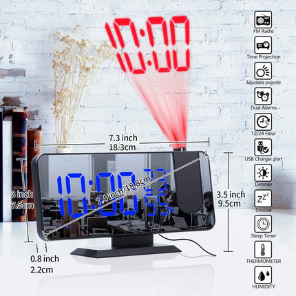Radio Wekker digital projection with 4 dimmers and 180° rotation - 2 sounds - Groot 7.4'' mirror screen Black-Blue.
