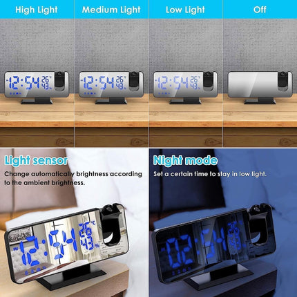 Radio Wekker digital projection with 4 dimmers and 180° rotation - 2 sounds - Groot 7.4'' mirror screen Black-Blue.