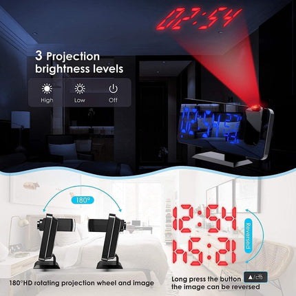 Radio Wekker digital projection with 4 dimmers and 180° rotation - 2 sounds - Groot 7.4'' mirror screen Black-Blue.