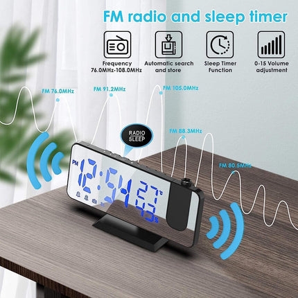 Radio Wekker digital projection with 4 dimmers and 180° rotation - 2 sounds - Groot 7.4'' mirror screen Black-Blue.