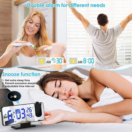 Radio Wekker digital projection with 4 dimmers and 180° rotation - 2 sounds - Groot 7.4'' mirror screen Black-Blue.