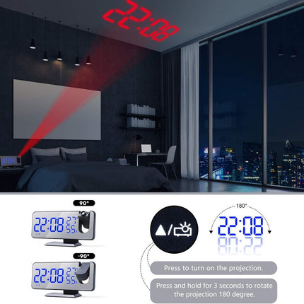 Radio Wekker digital projection with 4 dimmers and 180° rotation - 2 sounds - Groot 7.4'' mirror screen Black-Blue.