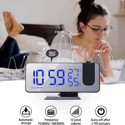 Radio Wekker digital projection with 4 dimmers and 180° rotation - 2 sounds - Groot 7.4'' mirror screen Black-Blue.