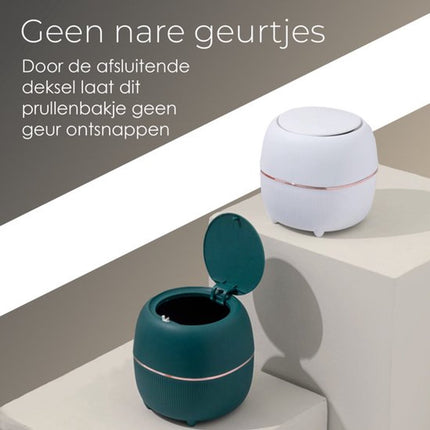 Klein Prullenbak - Designer Trash Can with Lid - Mini Prullenbak - Small trash can ideal for the countertop, desk, bathroom or table - Tabletop Trash Can - Wit.