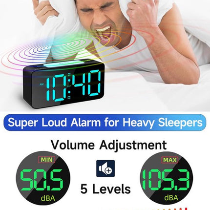 Digital Night Light - Extra Powerful - 7-Color Night Light - Ideal for Heavy Sleepers - Adjustable Volume and USB Charging - Place on the Bedside Table - Black.