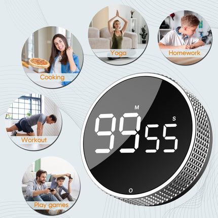 Digital Timer - Digital Kitchen Timer - Smart Timer - LED Display - Magnetic - 360 Degree Rotation - BBQ Alarm Clock - Black.