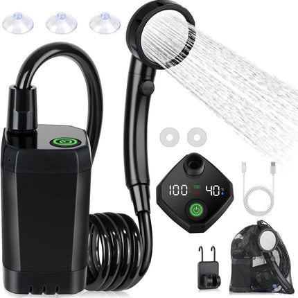 Portable Camping Shower - 6000mAh Rechargeable Shower Pump - With Smart LED Display - 4 Spray Modes - IPX7 Waterproof Outdoor Shower - For Hiking, Travel, Car, Pets - Black.