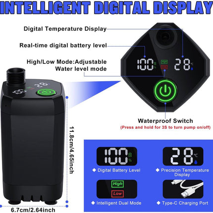 Portable Camping Shower - 6000mAh Rechargeable Shower Pump - With Smart LED Display - 4 Spray Modes - IPX7 Waterproof Outdoor Shower - For Hiking, Travel, Car, Pets - Black.