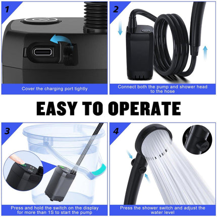 Portable Camping Shower - 6000mAh Rechargeable Shower Pump - With Smart LED Display - 4 Spray Modes - IPX7 Waterproof Outdoor Shower - For Hiking, Travel, Car, Pets - Black.
