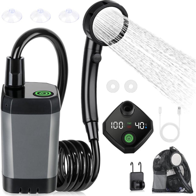 Portable Camping Shower - 6000mAh Rechargeable Shower Pump - With Smart LED Display - 4 Spray Modes - IPX7 Waterproof Outdoor Shower - For Hiking, Travel, Car, Pets - Gray.