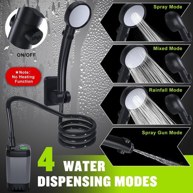 Portable Camping Shower - 6000mAh Rechargeable Shower Pump - With Smart LED Display - 4 Spray Modes - IPX7 Waterproof Outdoor Shower - For Hiking, Travel, Car, Pets - Gray.