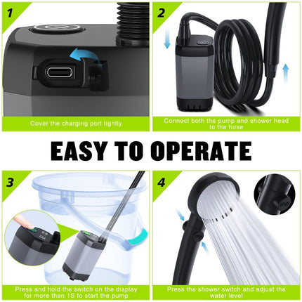 Portable Camping Shower - 6000mAh Rechargeable Shower Pump - With Smart LED Display - 4 Spray Modes - IPX7 Waterproof Outdoor Shower - For Hiking, Travel, Car, Pets - Gray.