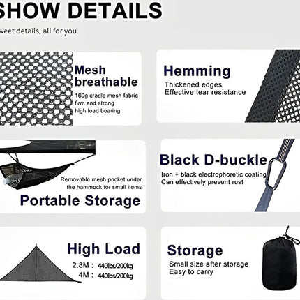 Portable triangular hammock for multiple people, outdoor camping aerial hammock, 3-point design for 2-3 people for travel, garden, camping, black, 400 x 400 x 400 cm.