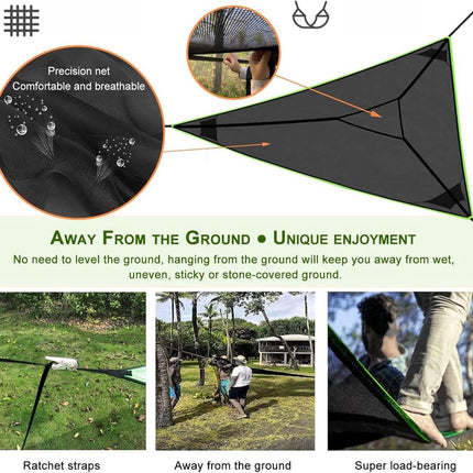 Portable triangular hammock for multiple people, outdoor camping aerial hammock, 3-point design for 2-3 people for travel, garden, camping, black, 400 x 400 x 400 cm.