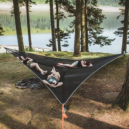 Portable triangular hammock for multiple people, outdoor camping aerial hammock, 3-point design for 2-3 people for travel, garden, camping, black, 400 x 400 x 400 cm.