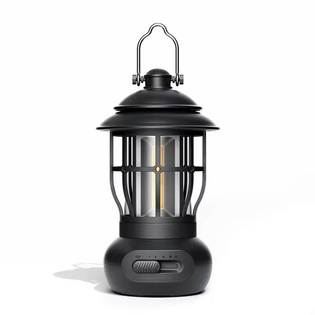 Rechargeable Camping Lantern – Retro Camping Lamp – Dimmable COB Hanging Light for Tent, Camping, Fishing, Hiking, etc. – Black.