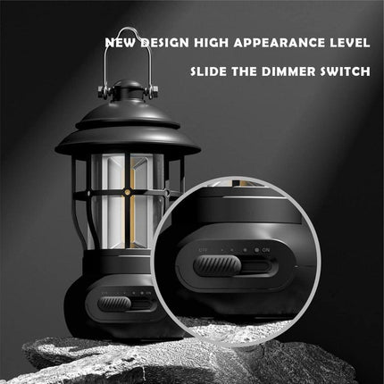 Rechargeable Camping Lantern – Retro Camping Lamp – Dimmable COB Hanging Light for Tent, Camping, Fishing, Hiking, etc. – Black.