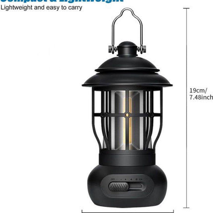 Rechargeable Camping Lantern – Retro Camping Lamp – Dimmable COB Hanging Light for Tent, Camping, Fishing, Hiking, etc. – Black.