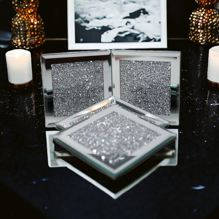 Set of 4 Mirror Effect Coasters – Crushed Diamond Coasters – Table Decor – With cut diamond crystal and mirror (square), for restaurant tables, kitchens, bars, restaurants.
