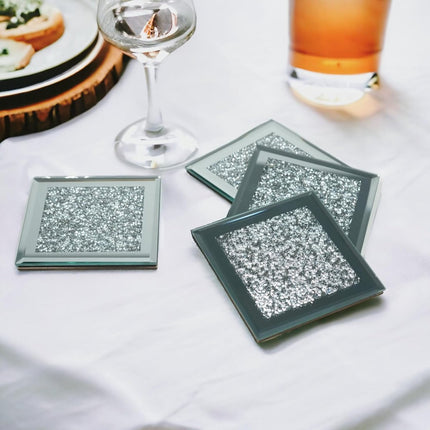 Set of 4 Mirror Effect Coasters – Crushed Diamond Coasters – Table Decor – With cut diamond crystal and mirror (square), for restaurant tables, kitchens, bars, restaurants.