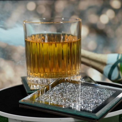 Set of 4 Mirror Effect Coasters – Crushed Diamond Coasters – Table Decor – With cut diamond crystal and mirror (square), for restaurant tables, kitchens, bars, restaurants.