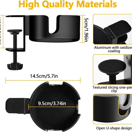 Adjustable and portable tabletop cup holder with clip - universal holder for bottles, coffee cups and water cups - 95 cm diameter, max. capacity 5 kg.