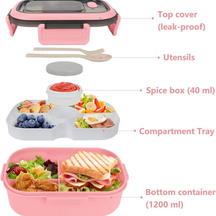 Lunch boxes - Lunch boxes - Adult lunch boxes - Children's lunch boxes - Lunch box with compartments and cutlery - Airtight - 1200 ml - Microwave safe - Ideal for salads - For children and adults - Picnic (pink).