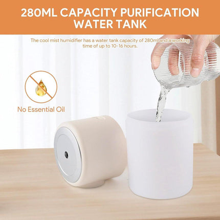 Humidifiers - Bedroom Humidifier - Cool Mist Humidifier - 280ml USB Desktop Humidifier with Night Light for Bedroom - Quiet Operation - Automatic Shut-Off - Timer.