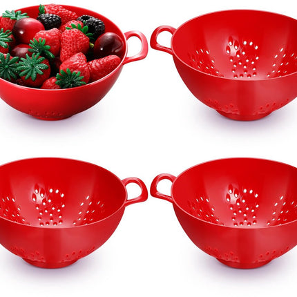 4-Piece Vegetable Basket - Drainer - Kitchen Colander - Plastic Berry Strainer - Colander Basket - with Double Handles - Small Colander - for Fruits, Vegetables and Food - Kitchen Accessories - Red - 19 x 14.8 x 7.5 cm.