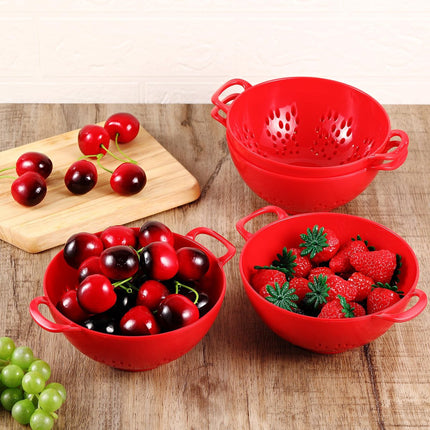 4-Piece Vegetable Basket - Drainer - Kitchen Colander - Plastic Berry Strainer - Colander Basket - with Double Handles - Small Colander - for Fruits, Vegetables and Food - Kitchen Accessories - Red - 19 x 14.8 x 7.5 cm.