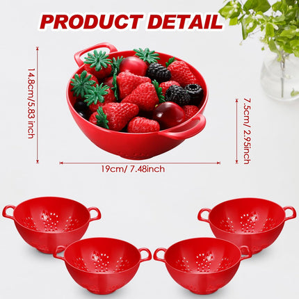 4-Piece Vegetable Basket - Drainer - Kitchen Colander - Plastic Berry Strainer - Colander Basket - with Double Handles - Small Colander - for Fruits, Vegetables and Food - Kitchen Accessories - Red - 19 x 14.8 x 7.5 cm.
