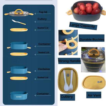 Lunch Box - Bento Box with Cutlery - 3-Layer 2000ml Lunch Box - Insulated Lunch Box for Adults and Children, Picnics, Work, School - Vegetables.