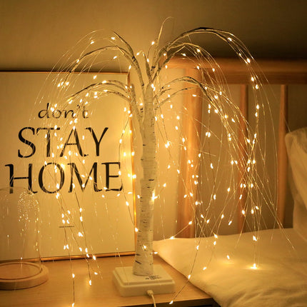 Elegant 50cm tall LED willow lamp with 7 modes - for living room and bedroom - Dual Power (USB and battery), warm white ambient light, Design - white.